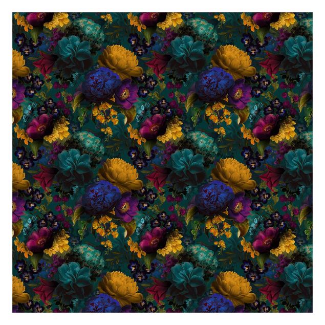 Tapeta - Żółte kwiaty z niebieskimi kwiatami na tle turkusu