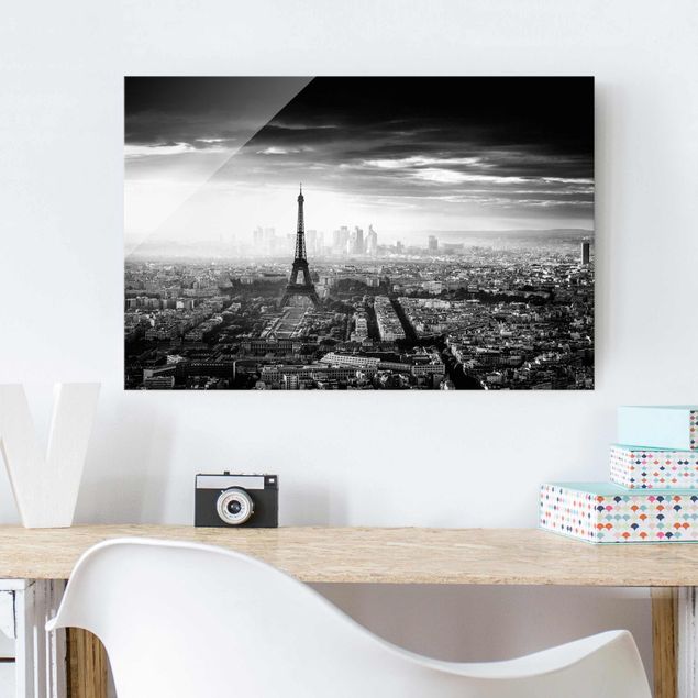 Obrazy na szkle architektura i horyzont Wieża Eiffla z góry, czarno-biała