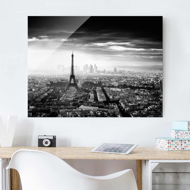 Obrazy na szkle architektura i horyzont Wieża Eiffla z góry, czarno-biała