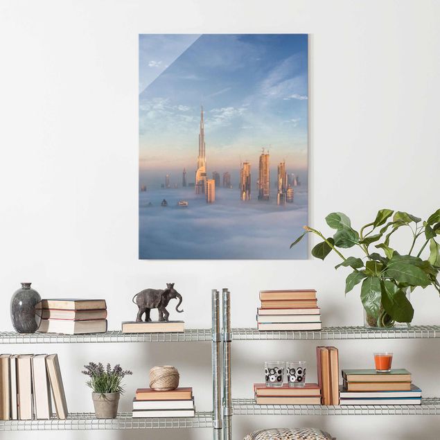 Obrazy na szkle architektura i horyzont Dubaj ponad chmurami
