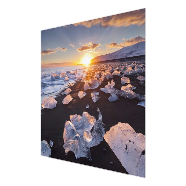 Obrazy na szkle zachód słońca Lodowe kawałki na plaży Islandia