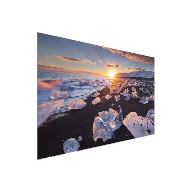 Obrazy na szkle krajobraz Lodowe kawałki na plaży Islandia