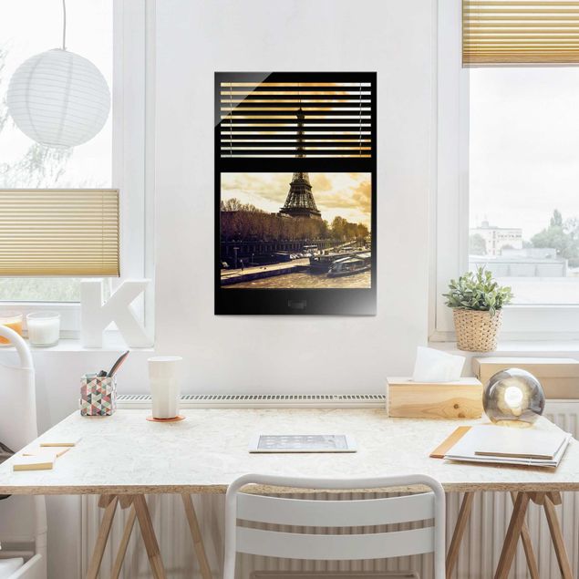 Obrazy na szkle zachód słońca Zasłony widokowe na okna - Paryż Wieża Eiffla Zachód słońca