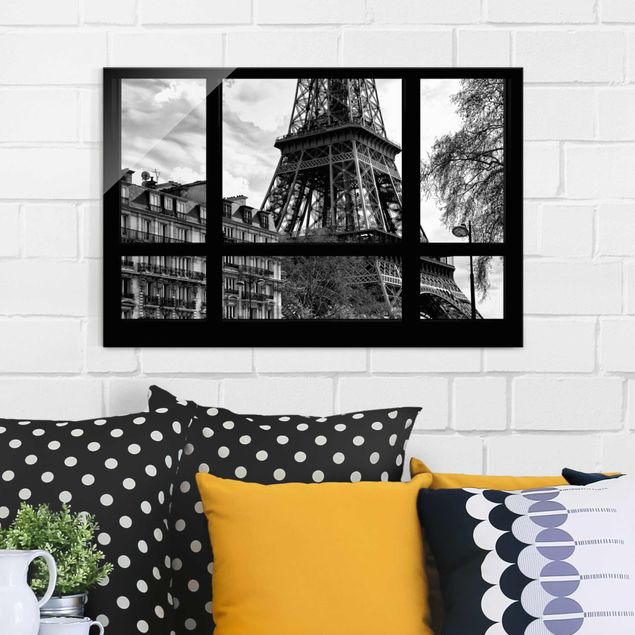 Obrazy na szkle architektura i horyzont Widok z okna na Paryż - blisko wieży Eiffla czarny biały