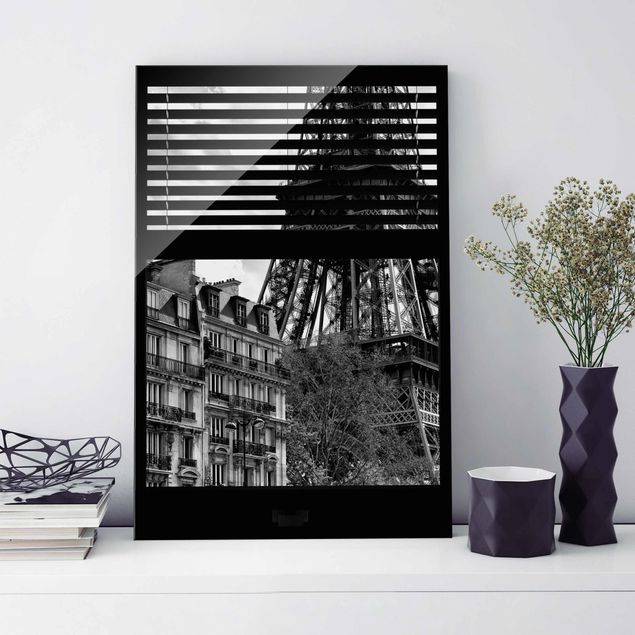 Obrazy na szkle architektura i horyzont Widok z okna na Paryż - blisko wieży Eiffla czarny biały