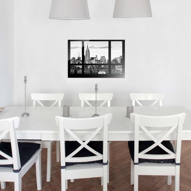 Dekoracja do kuchni Widok z okna na panoramę Nowego Jorku czarny biały