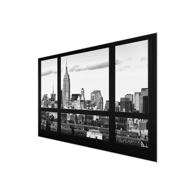 Obrazy na szkle artyści Widok z okna na panoramę Nowego Jorku czarny biały