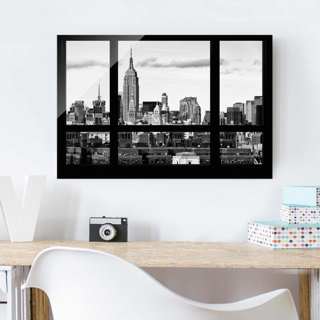 Obrazy na szkle architektura i horyzont Widok z okna na panoramę Nowego Jorku czarny biały