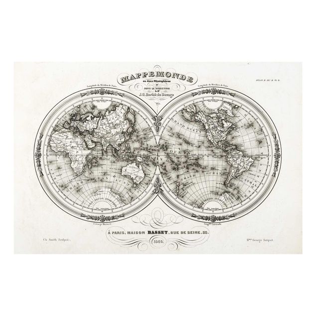 Obrazy do salonu nowoczesne Mapa świata - francuska mapa półkul z 1848 r.