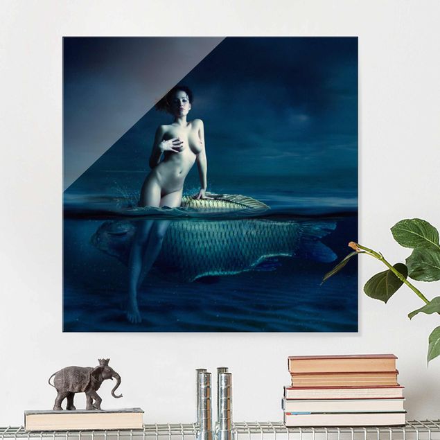 Obrazy na szkle erotyka Naga kobieta z rybą