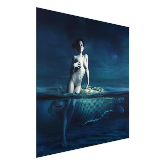Obrazy na szkle kwadrat Naga kobieta z rybą