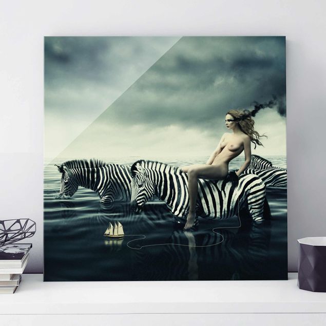 Obrazy na szkle erotyka Kobieta naga z zebrami