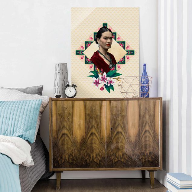 Obrazy na szkle portret Frida Kahlo - Kwiaty i geometria