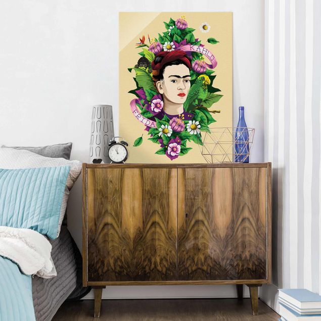 Obrazy na szkle portret Frida Kahlo - Frida, małpa i papuga