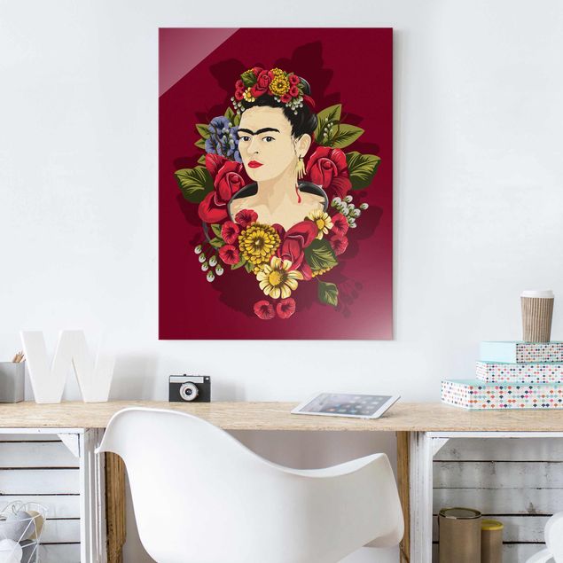 Obrazy na szkle portret Frida Kahlo - Róże