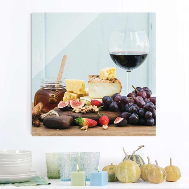 Obrazy na szkle kwadrat Ser i wino