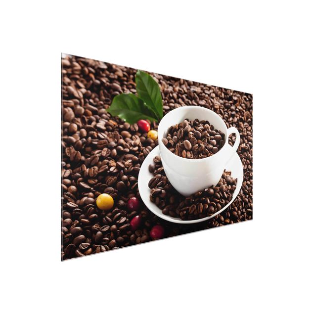 Obrazy na szkle poziomy Filiżanka do kawy z palonymi ziarnami kawy