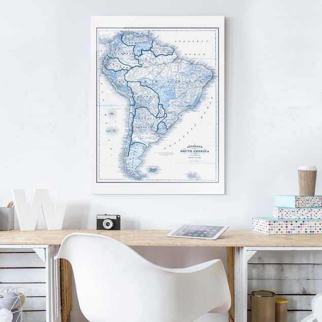Obrazy na szkle mapy Mapa w odcieniach błękitu - Ameryka Południowa