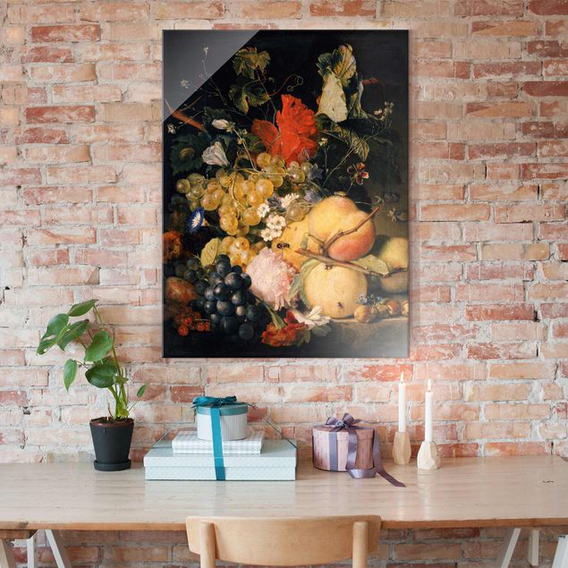 Obrazy na szkle portret Jan van Huysum - Owoce Kwiaty i owady