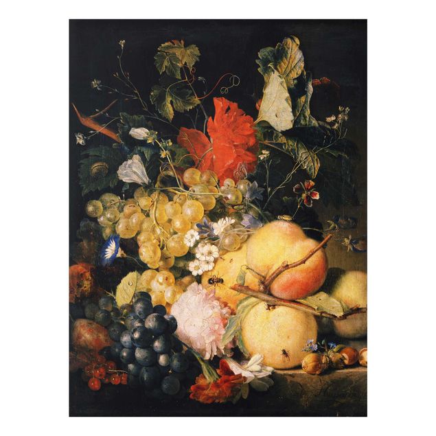 Żółty obraz Jan van Huysum - Owoce Kwiaty i owady