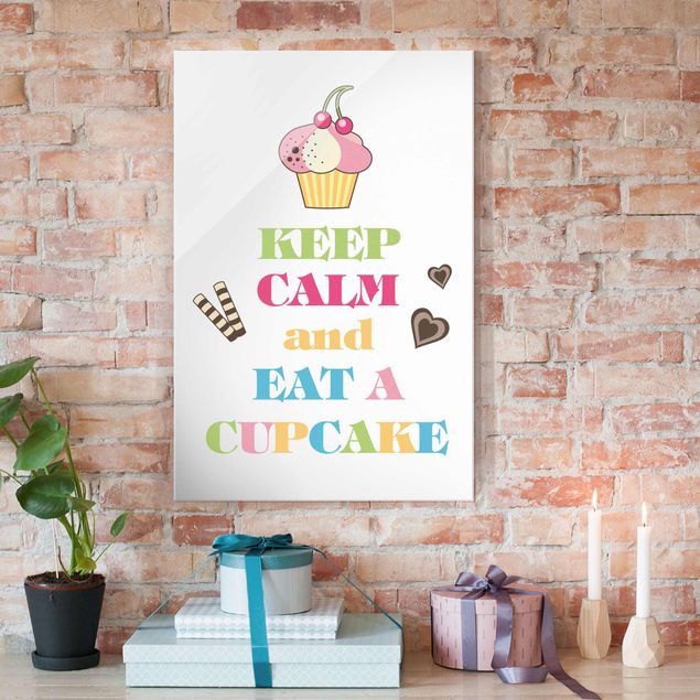 Obrazy na szkle powiedzenia Keep Calm and Eat A Cupcake (Zachowaj spokój i zjedz babeczkę) Kolorowe