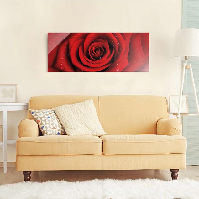 Obrazy na szkle panorama Róża czerwona z kroplami wody