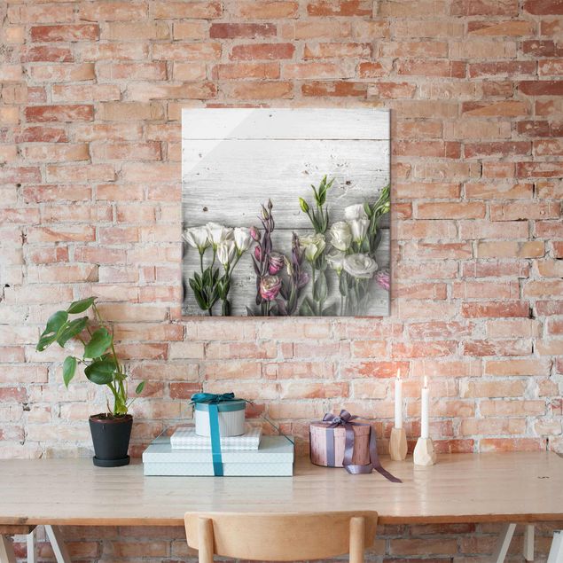 Obrazy na szkle kwadrat Tulipanowa róża Shabby Wood Look