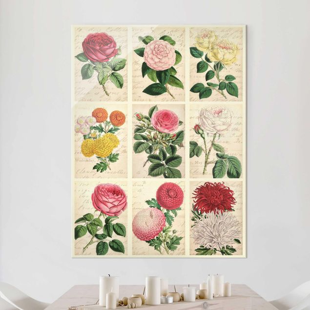 Obrazy na szkle róże Kolaż z kwiatami w stylu vintage