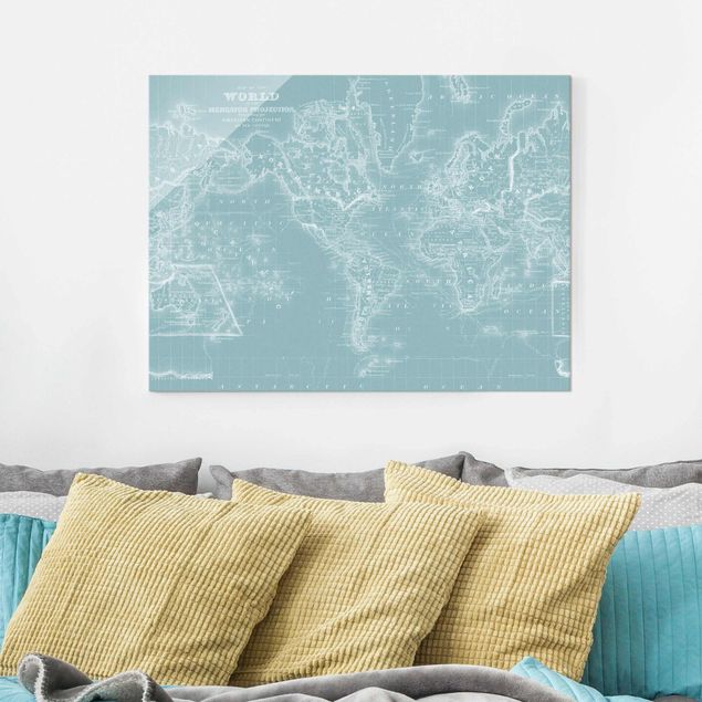 Obrazy na szkle poziomy Mapa świata w kolorze lodowego błękitu