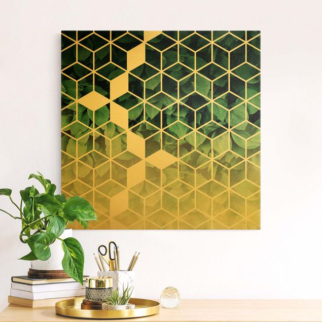 Dekoracja do kuchni Zielone liście złota geometria
