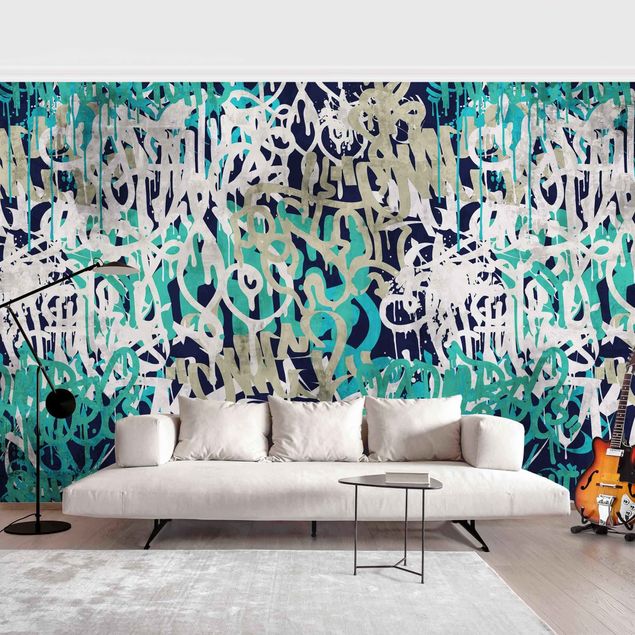 Najmodniejsze fototapety Graffiti Art Tagged Wall Turquoise