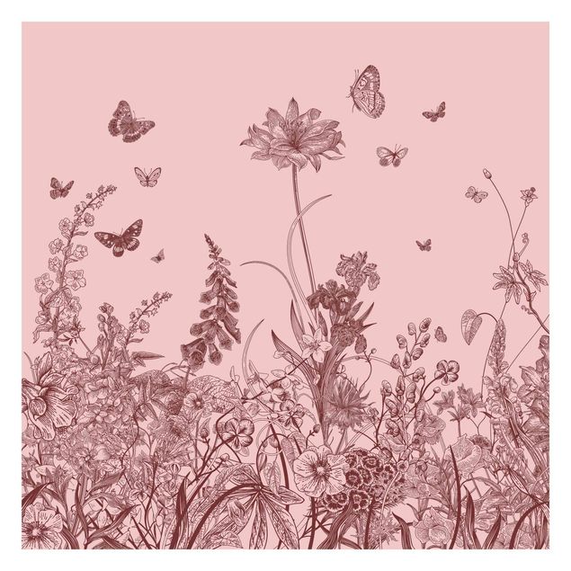 Fototapety Duże kwiaty z motylami na różowym tle
