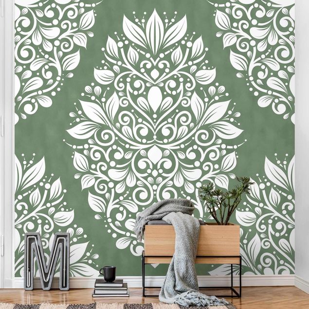 Tapety ornamenty Duży wzór secesyjny w kolorze zielonoszarym