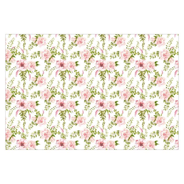 Tapeta - Zielone liście z różowymi kwiatami w akwareli