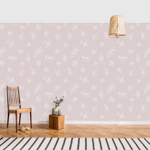 Tapety na ściany Ilustrowany wzór liści Pastelowy róż