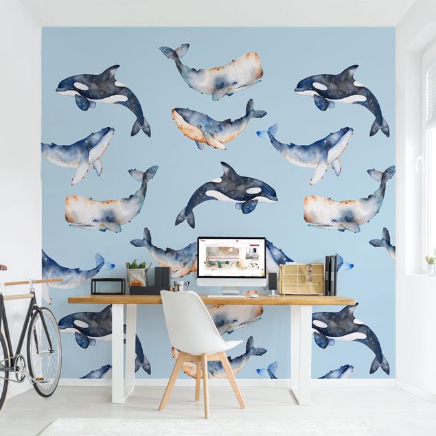 Tapeta niebieska Ilustrowane wieloryby jako akwarela