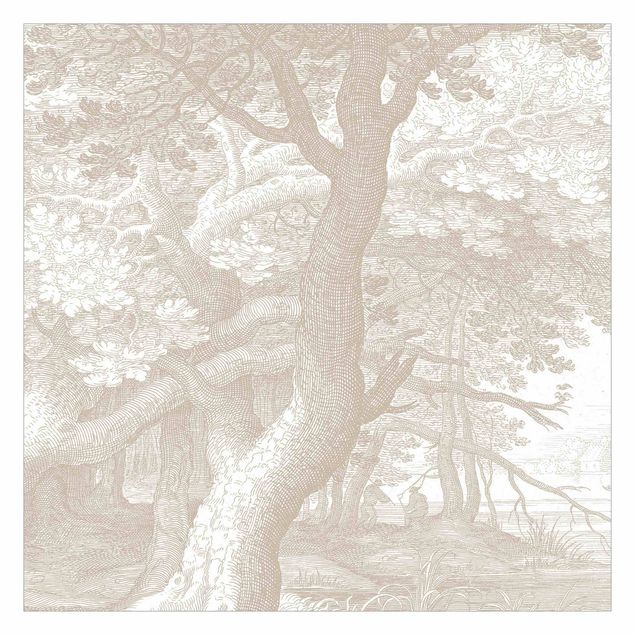 Fototapeta - W lesie grawerunek na miedzi w kolorze beżowym