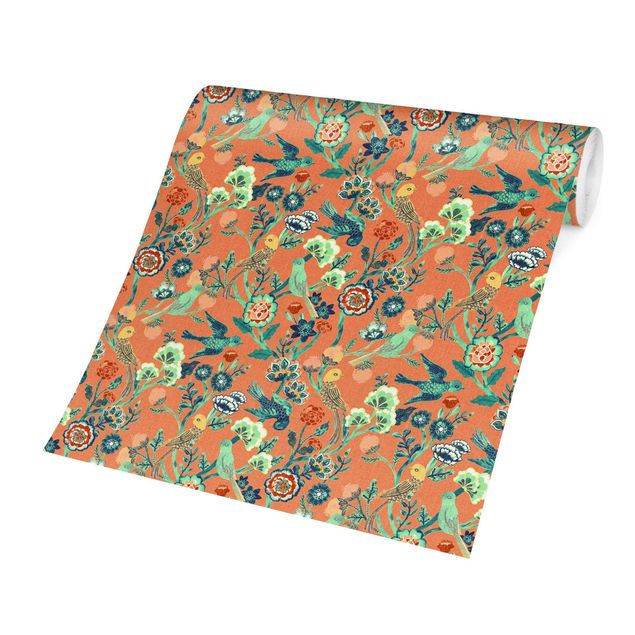 Tapety Indian Pattern Birds with Flowers Orange