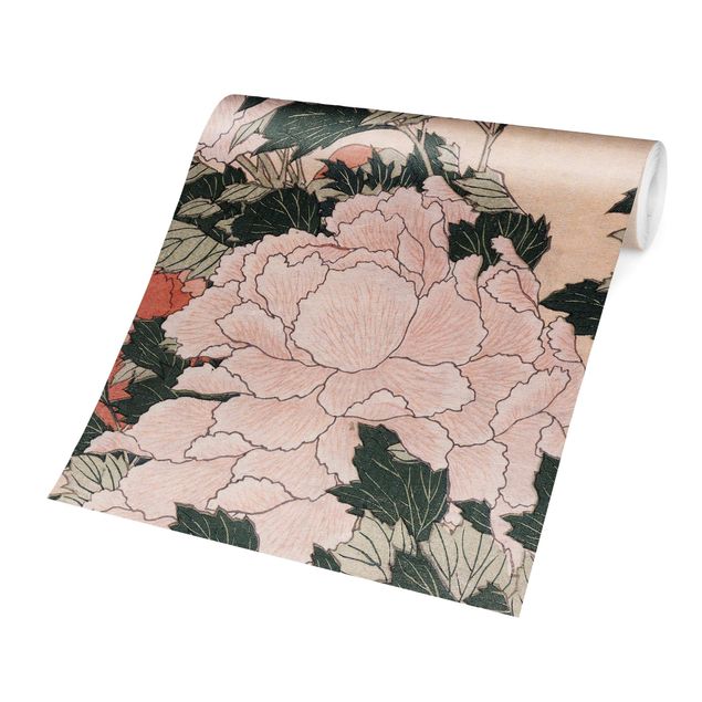 Tapety kwiaty Katsushika Hokusai - Różowe piwonie z motylem