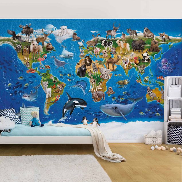 Fototapeta - Mapa świata ze zwierzętami