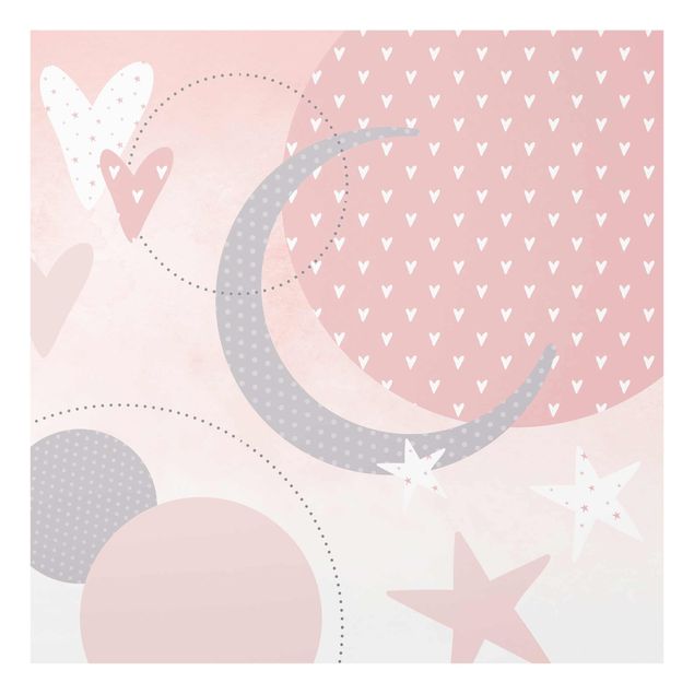Różowy obraz Grafika na dywaniku dla dzieci - Gwiazdy i księżyc