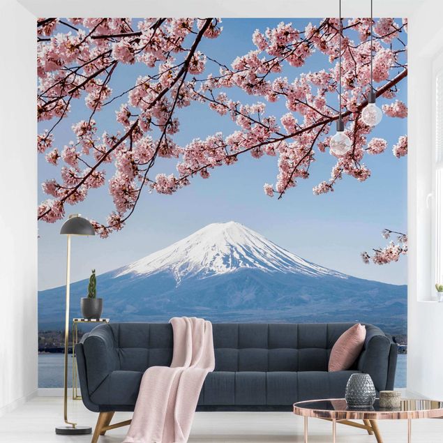 Niebieska tapeta Kwiaty wiśni z górą Fuji