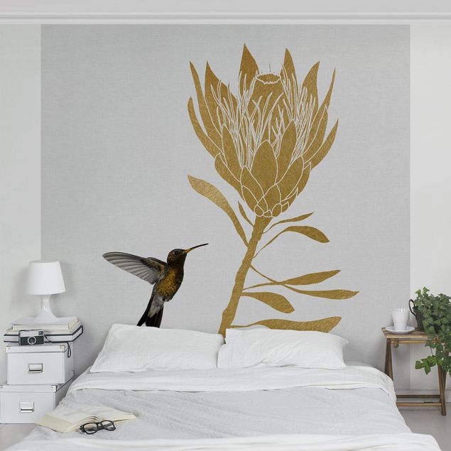 Tapety ptaki Koliber i tropikalny złoty kwiat