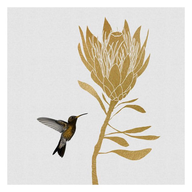 Fototapeta - Koliber i tropikalny złoty kwiat