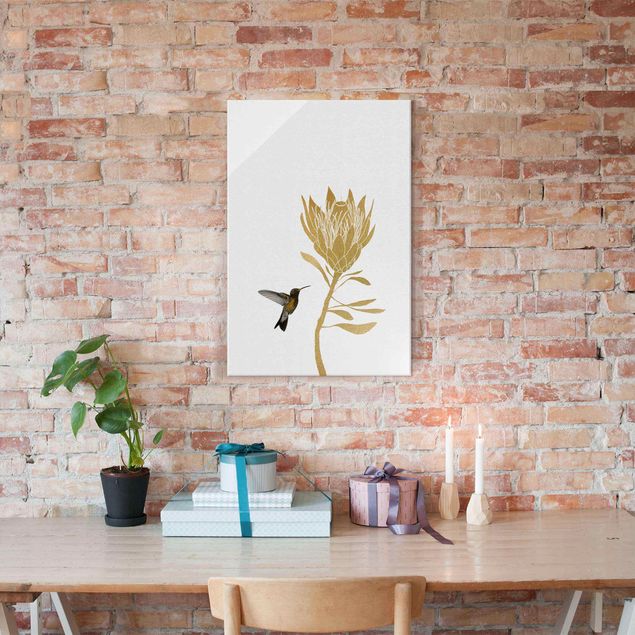 Obrazy na szkle portret Koliber i tropikalny złoty kwiat