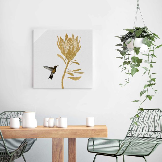 Obrazy na szkle kwadrat Koliber i tropikalny złoty kwiat