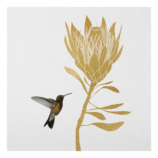 Nowoczesne obrazy Koliber i tropikalny złoty kwiat
