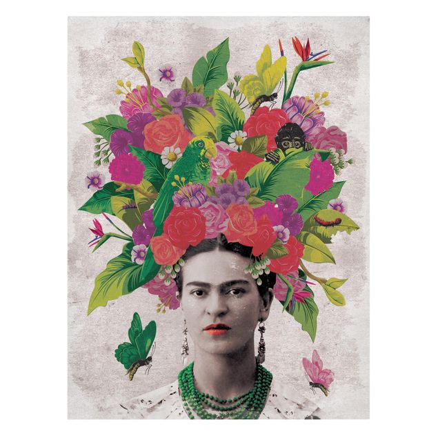 Czerwony obraz Frida Kahlo - Portret z kwiatami