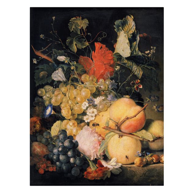Żółty obraz Jan van Huysum - Owoce Kwiaty i owady