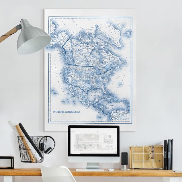 Obrazy do salonu Mapa w odcieniach niebieskiego - Ameryka Północna